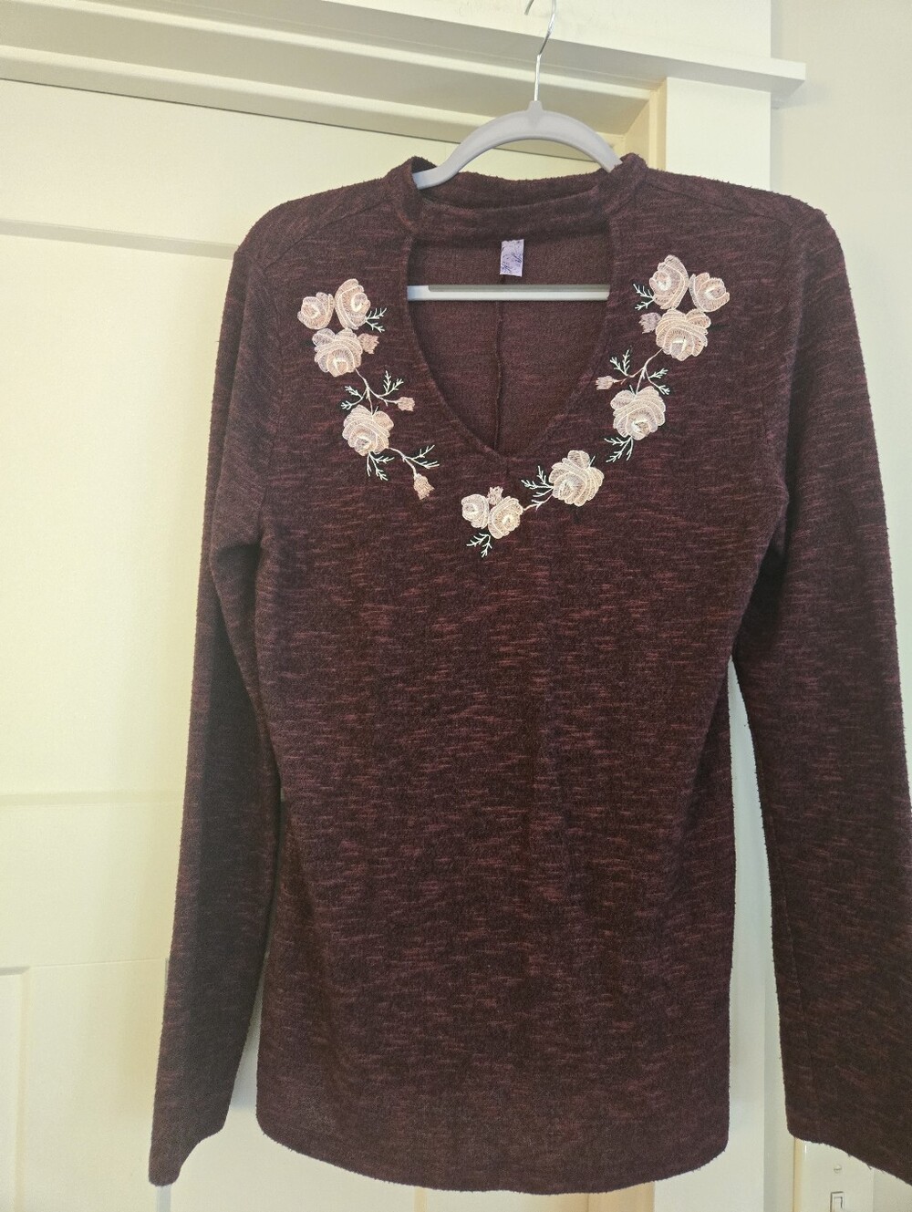 Women's Alya Burgundy long Sleeve Shirt with Pink Floral Embroidery Medium